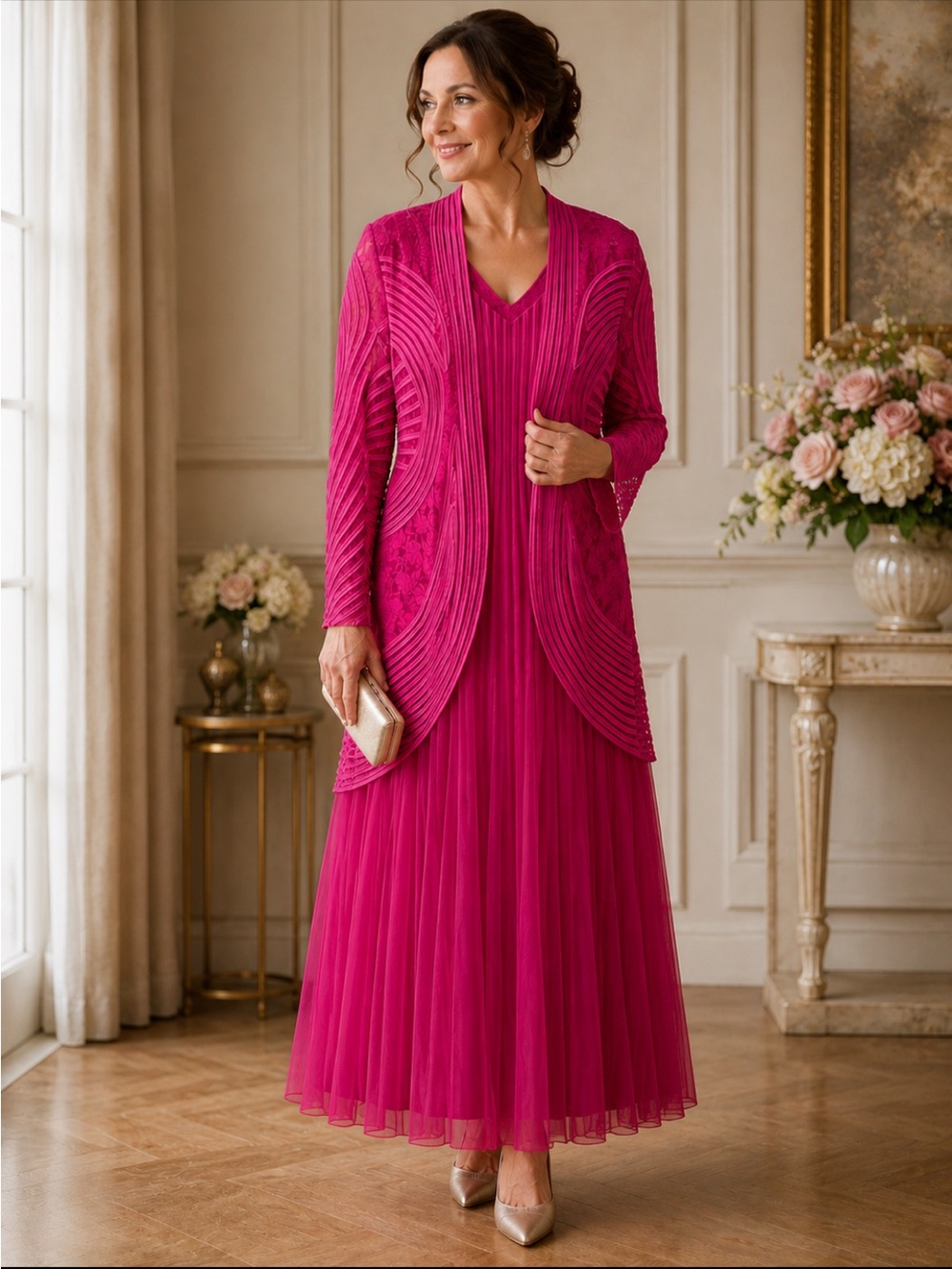 Women’s Fuchsia Midi Dress with Coordinating Jacket